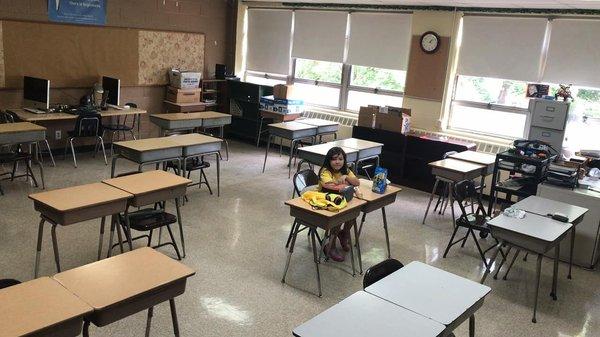 Small classrooms, 2 desks per student.  Social distance practiced