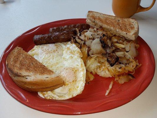 Two eggs over easy, link sausage, home fries w/onions & toast.