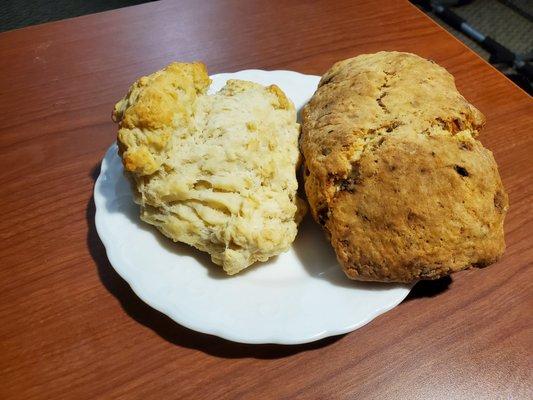 Buttermilk scone (left), walnut currant scone (right)