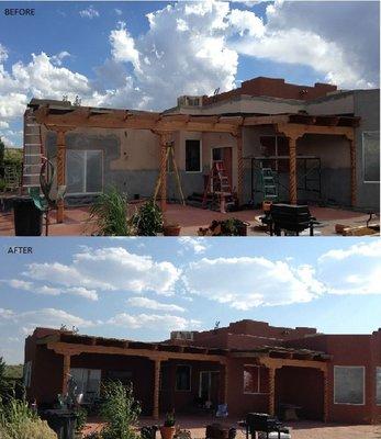 Before and After pergola on Stucco home