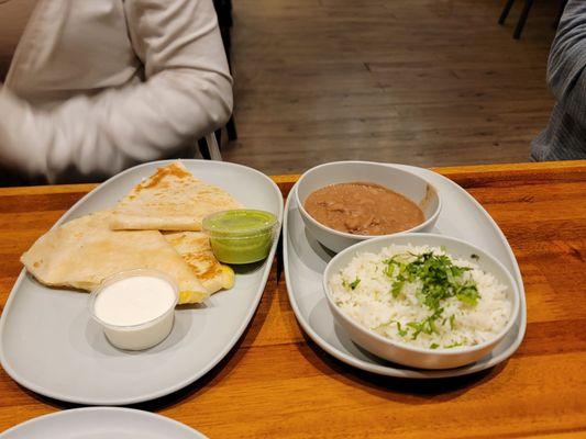 Cheese Quesadilla with rice and beans