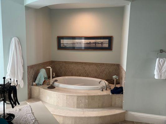 Classic 2004 master bath. The wall on the left is the shower wall AFK removed to open this space.