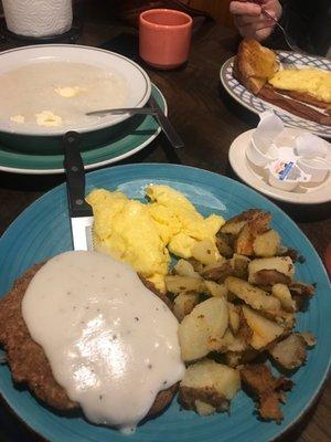 Chicken Fried Steak, Home Fries, Scrambled Eggs, Grits