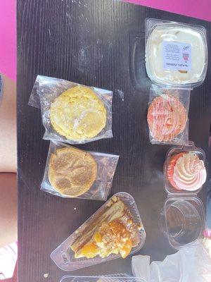 stuffed strawberry cheesecake cookie, strawberry cupcake, lemon pound cake, pumpkin snickerdoodle, peach cobbler cheesecake, banana pudding