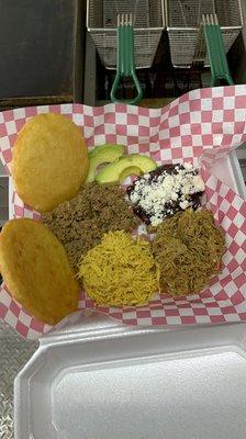 Special Lovers Plate! Shredded Beef, Ground Beef, Shredded Chicken, Black Beans, avocado and Two fried Arepas!