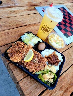 Grilled Chicken Cutlet Bento (5 stars), Golden Kimchi (4 stars), and Passion Fruit Lemon Soda (3.5 stars)