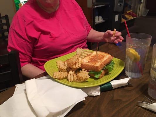 Pork cutlet and club sandwich. With waffle fries.