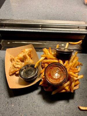 Fried chicken dumplings and seasoned fries