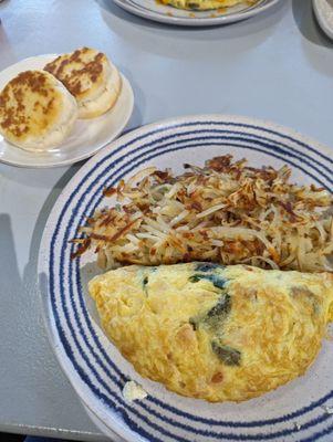 Mediterranean Omelet, hash browns, buttermilk biscuits