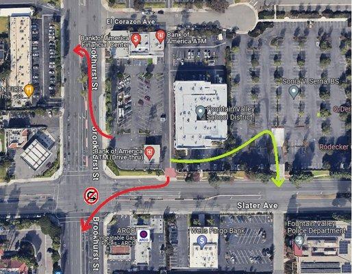 To exit east on Slater Ave: the lime green arrow marks the simplest way there. Red arrows show the longer, roundabout ways.