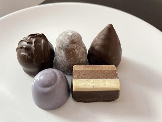 Jasmine Tea Truffle, Champagne Truffle, Belle Epoque Truffle;  Lavender Truffle, Zebra Gianduja