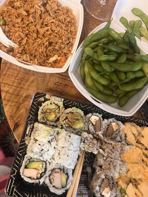 fried rice, edamame, and California roll