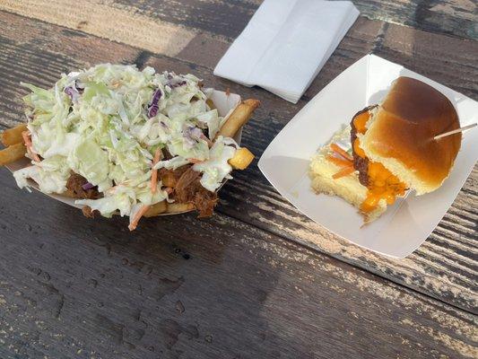 Pulled pork fries and buffalo slider