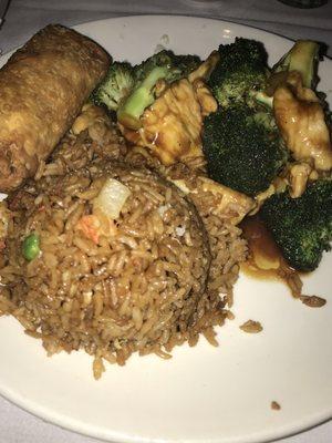 Chicken and broccoli with pork fried rice