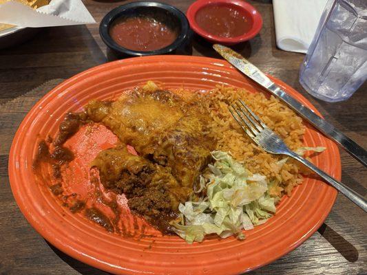 Midstream on the beef, cheese and onion enchiladas