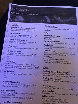 Amazing Sangria Menu