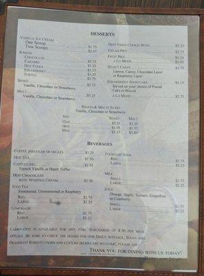 Menu - Desserts and Drinks