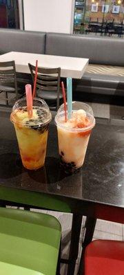 The drink on the right is a strawberry lychee slush both are very good but the strawberry kiwi is my favorite