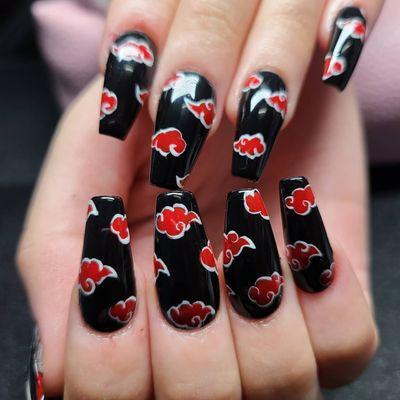 long coffin Gel-X with akatsuki nail design