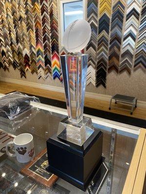 Our Fantasy Football League trophy mounted on a base!