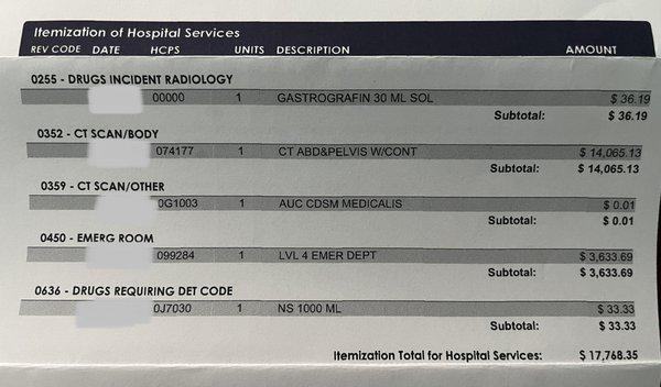 Have to call and request an itemized bill. This is the cost of a CT with contrast.