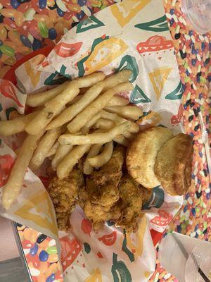 3 piece chicken tenders with fries and a biscuit