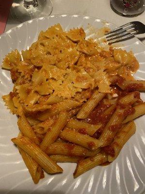 Penne marinara (decent) & farfalle with pink cognac sauce (divine!!!)