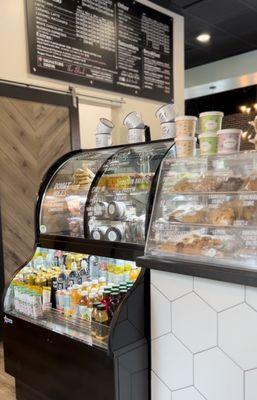 Pastries with grab and go bottled beverages.