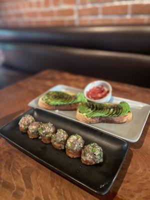 hand line caught ahi tuna tartare and avocado bruschetta