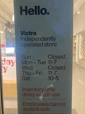 Sticker on the door displaying the hours but the store is always closed when I come during these times.