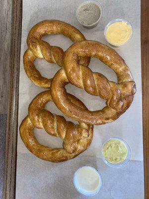 Scratch made soft pretzels!!  Beer cheese and mustard dips!