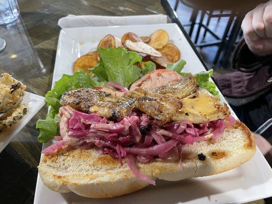 Blackened Fish Poorboy with homemade chips