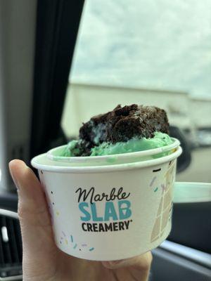 Pistachio ice cream with a brownie