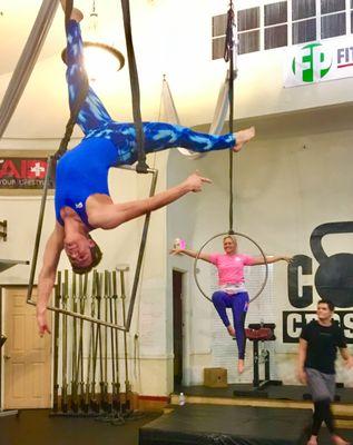 three queens circus students having fun on aerial hoop and aerial frame or 'squarial' during one of our evening adult classes