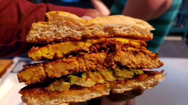 Interior of Heart attack burger ($10). Love the tempeh patty.