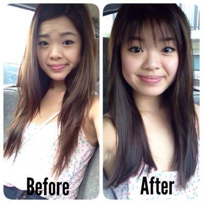 Before: thin hair with too thick long bangs. After: fuller feel/look with soft bangs.