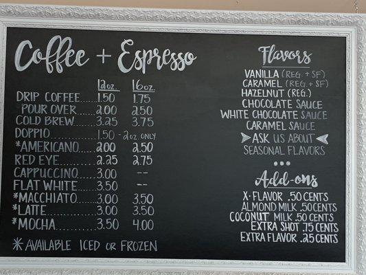 Coffee menu