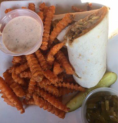 Chicken fajita wrap with sweet potato fries