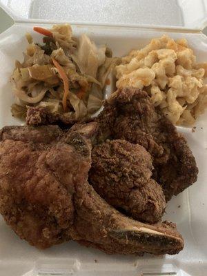 Fried pork chop, Jamaican cabbage, Mac n cheese