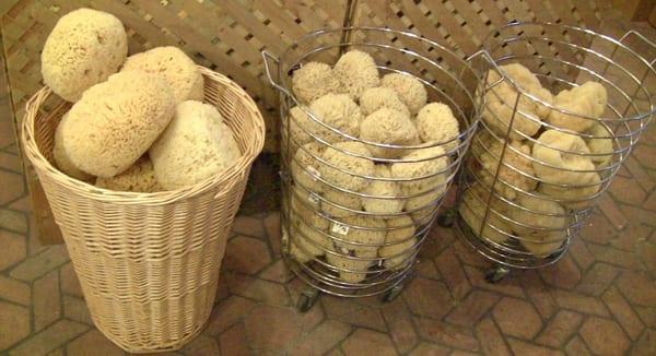 Baskets full of Sea Sponges and Loofah