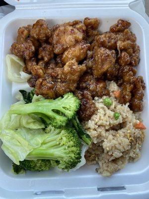 Plate with Orange Chicken for the Entree and Half Fried Rice and Half Steamed Vegetables for the Side