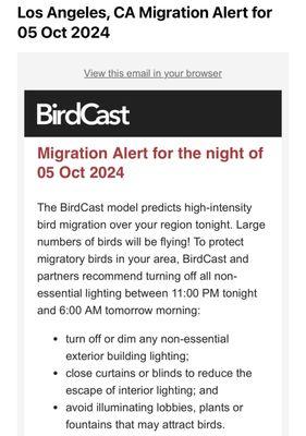 Heavy bird migration expected tonight! Lights out for bird safety! (10/5/24)