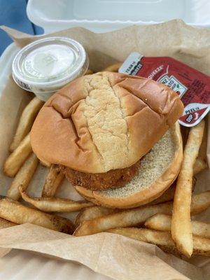 Clam Cake Sandwich!  What a deal. Moist and tasty. Fries are hot and fresh!  Perfect meal for $7.