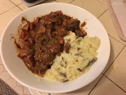 Beef stew (coupled with my own mashed potatoes) small portion size of stew