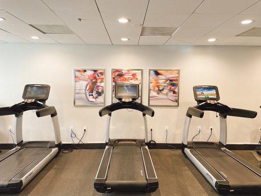 Stay on track with a good workout with our treadmills at our fitness center that is open 24-7.