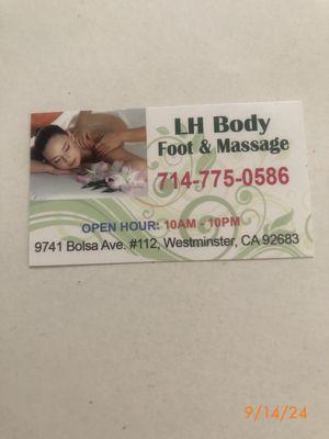 LH BODY FOOT MASSAGE LOCATED AT 9741 Bolsa Ave #112 Westminister Calif.92683