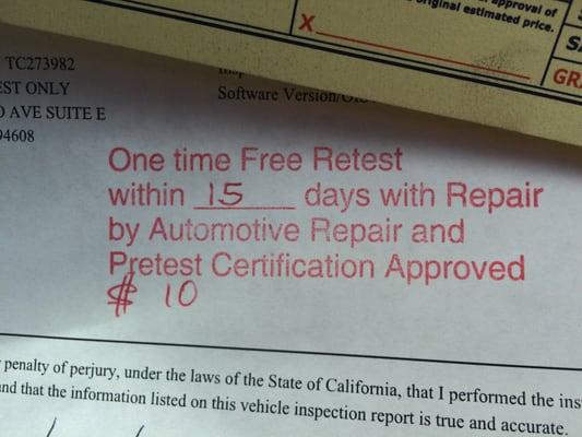 One time free re-test for $10!