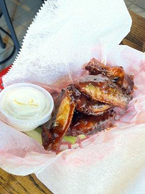 Smoked wings with sweet hot sauce. I'm drooling just remembering how good they were!