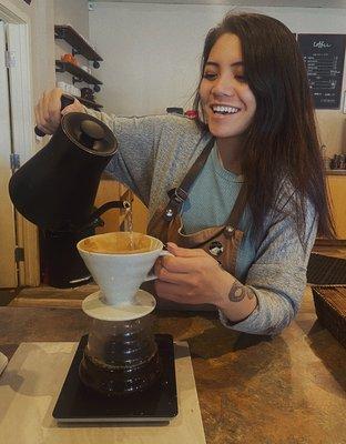 We love to make pour overs with our own in house roasted beans. We currently have Gesha and an award winning Del Fuego Termico bean.