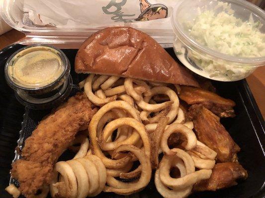 Wings and Fingers meal.  2 chicken fingers and 8 wings.  Coleslaw, fries. Plenty of food.